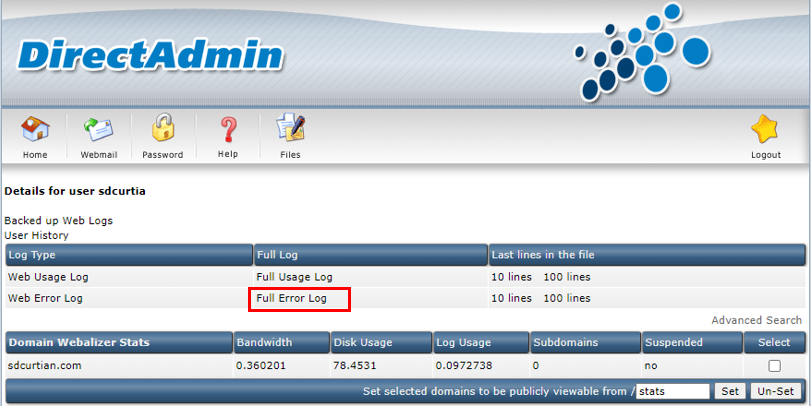 วิธีดู Error Log ของ Website : 3 กดที่ Full error log เพื่อดู error log ของเว็บไซต์