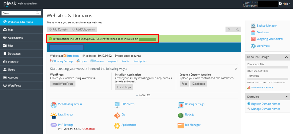 วิธีการ Install และ เปิดใช้ HTTPS ด้วย Let’s Encrypt ใน Plesk : finish