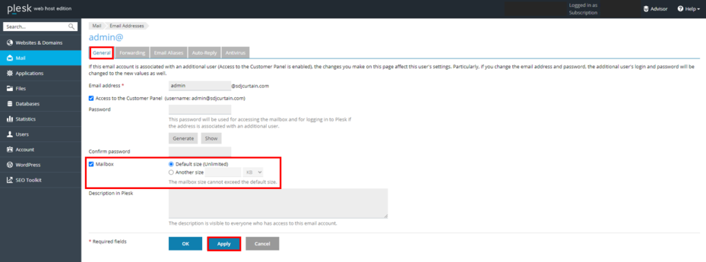 วิธีการตั้งค่าเพิ่ม/ลดพื้นที่อีเมลบน Plesk : General Mail box